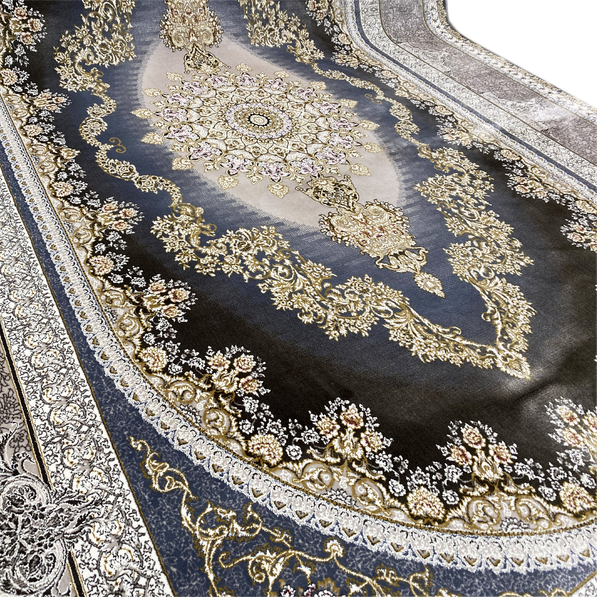 Rug 170x240 cm detailed view with gold garlands, a dark blue background, and a silver border