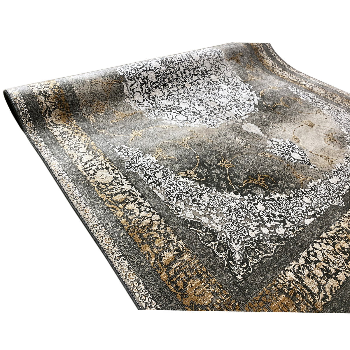 Square rug, smoky brown with Baroque ornaments in white and gold