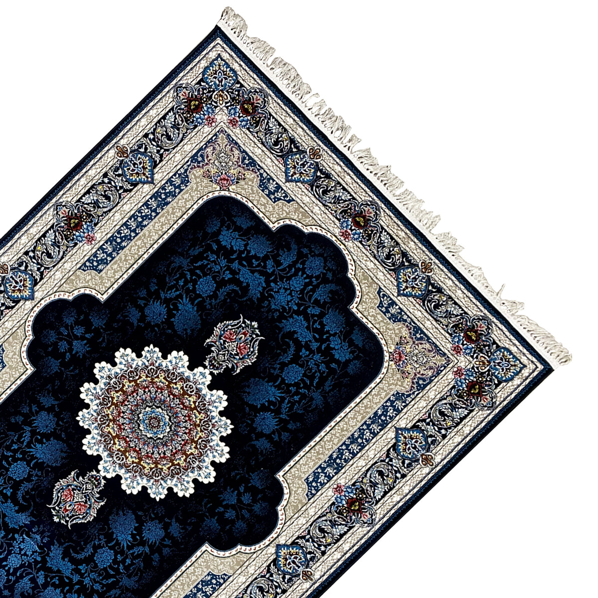 Corner view: navy blue rug with medallion, border ornaments, and tassels
