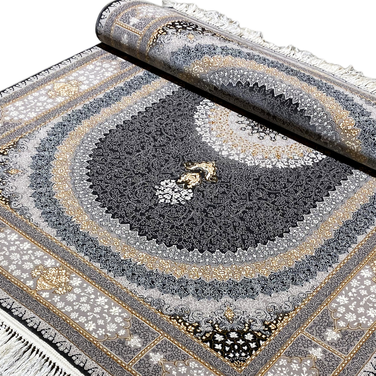 Rug “Lara” detail with a rolled-up section: dark oval, beige border, and gold accents