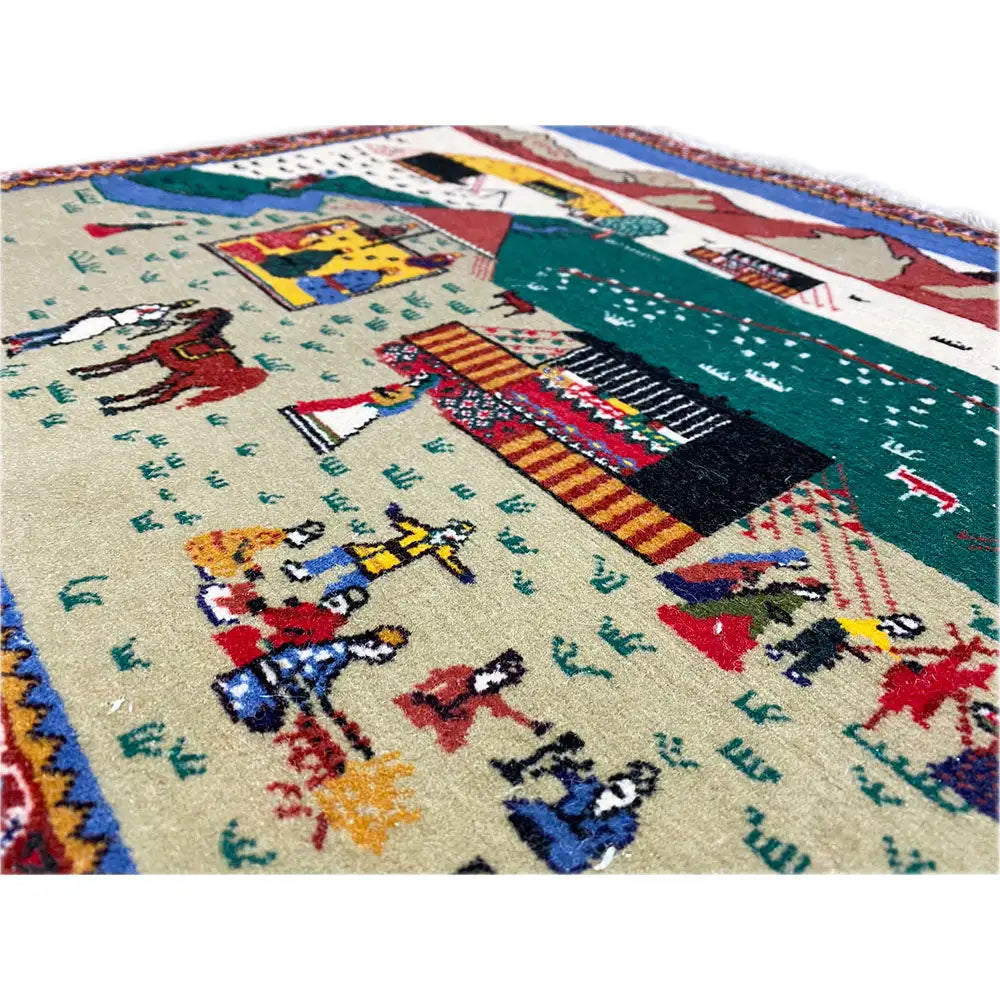 Tapestry 56x47 cm with a colorful desert motif, embroidered border, and fringes