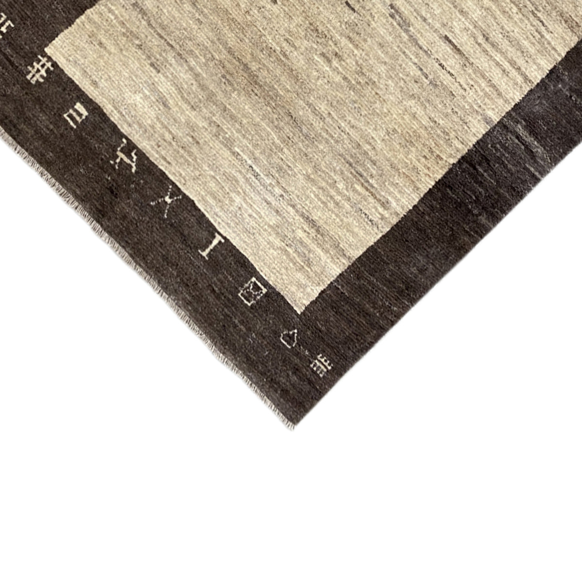 Rug corner with a beige central field and dark outer border, fine pile, fringes