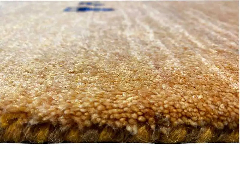 Gabbeh rug 150x100 cm, mustard-brown pile, close-up with short fringes