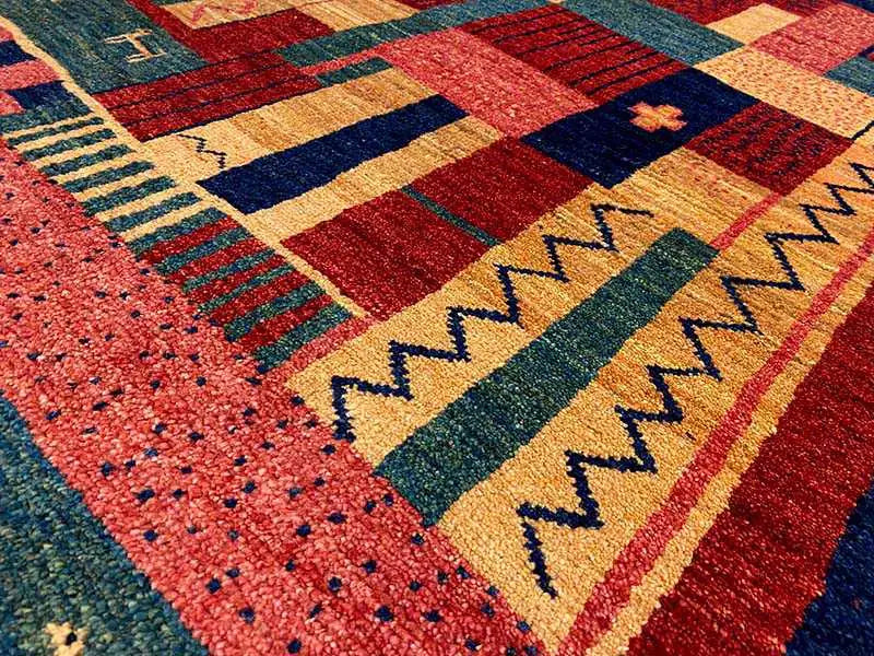 Gabbeh rug 140x100 cm Detail: red pattern with dots, lines and zigzags