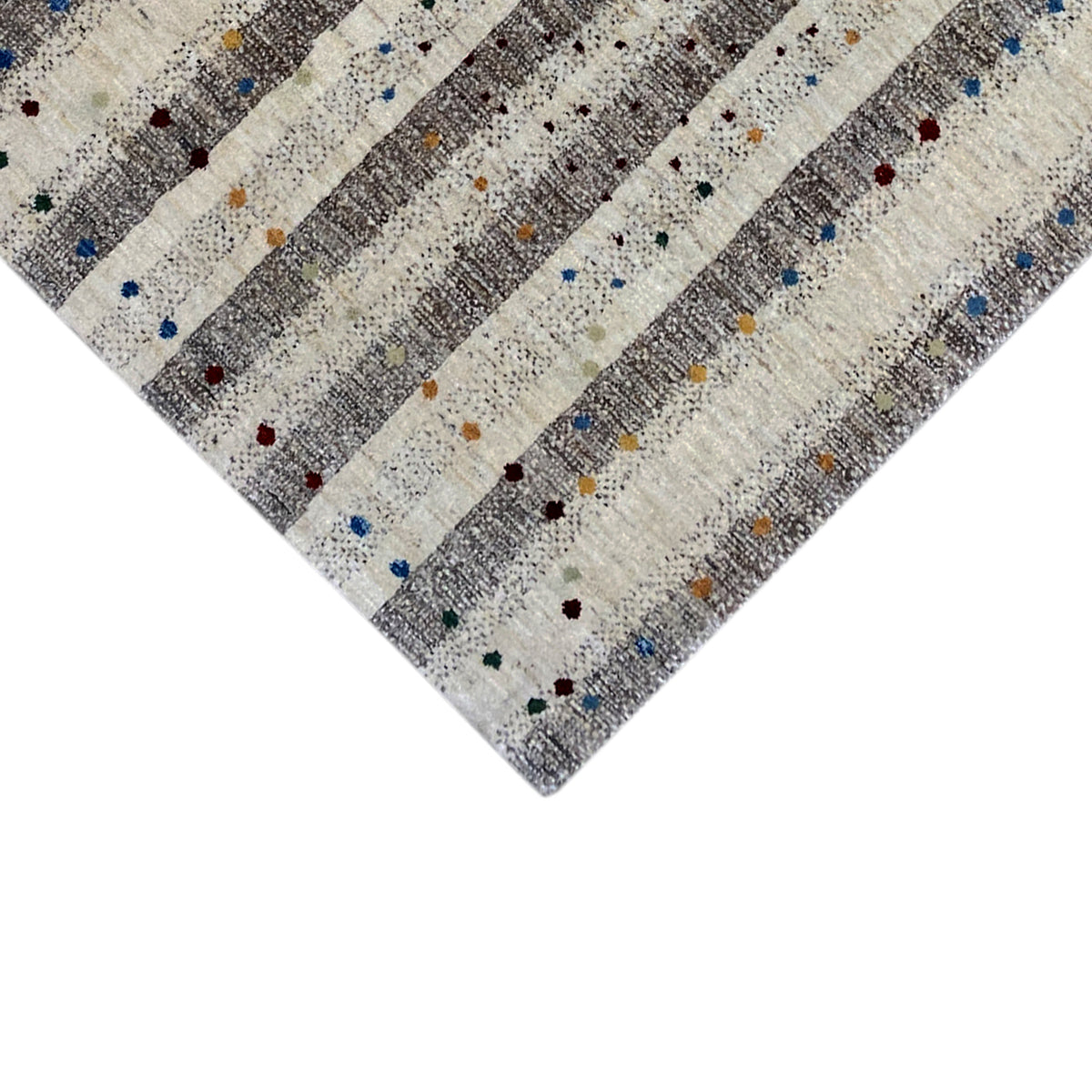 Gabbeh rug 176x118 cm close-up: striped pattern with colorful dot accents
