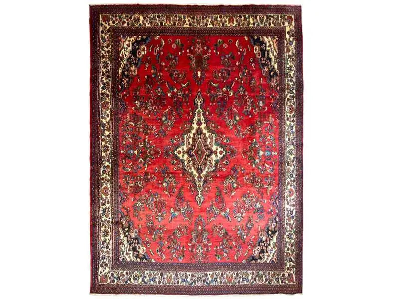 Hamadan rug front view: square red pattern with a central medallion