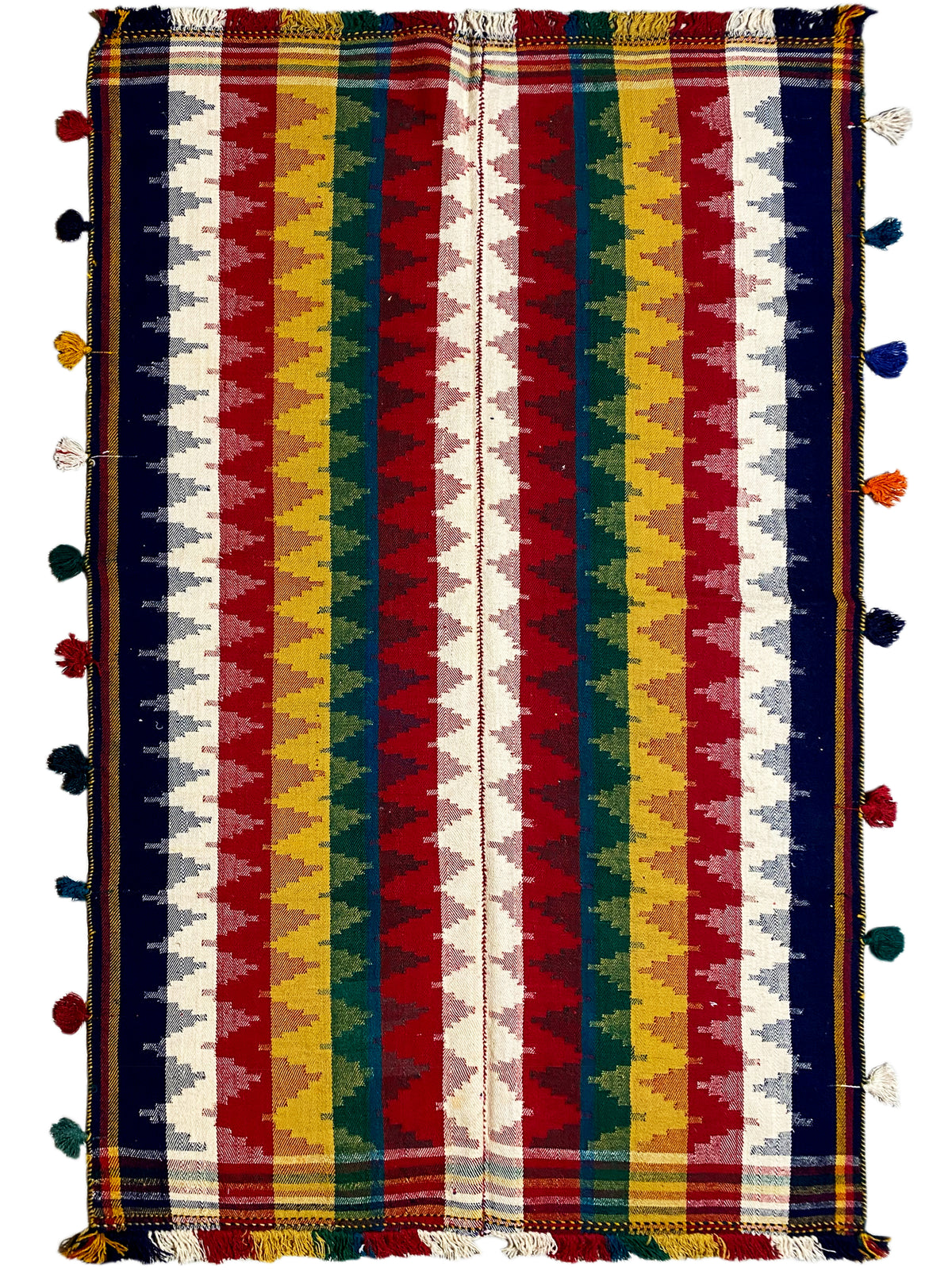 Rectangular Jajim rug with a striped pattern and colorful tassels on the sides