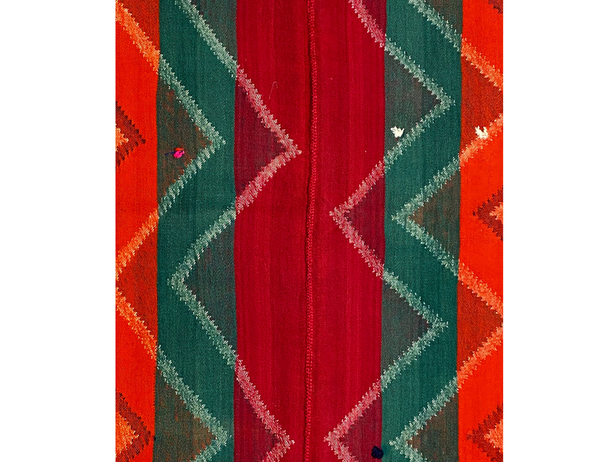 Carpet detail with a woven central band in red, flanked by green and orange zigzags