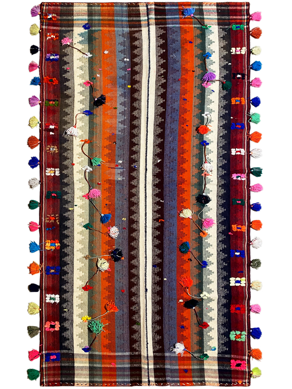Jajim rug with orange, blue, and beige stripes and colorful tassels