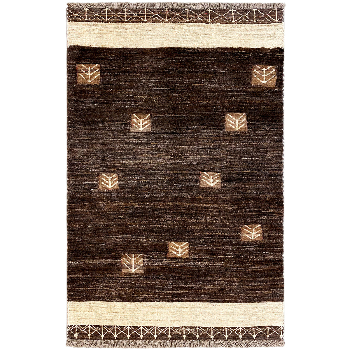 Kelim-Teppich Frontansicht: dunkles Braun mit beigen Rändern und stilisierten Motiven