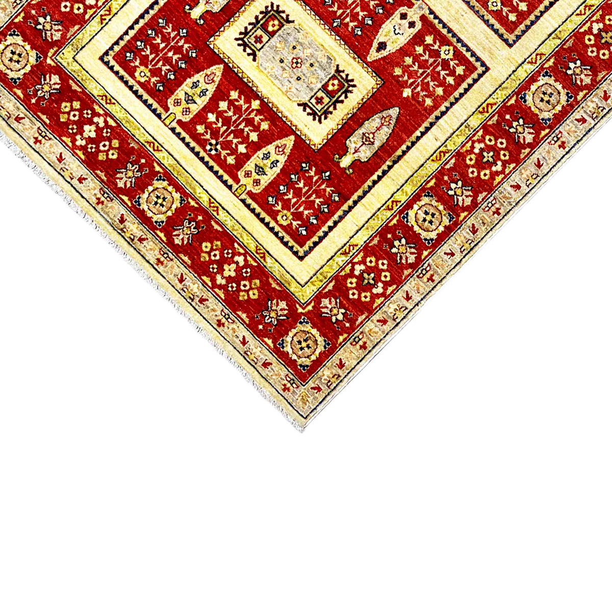 Khorjin rug corner with a red pattern, cream border, and fine decorative line along the edge