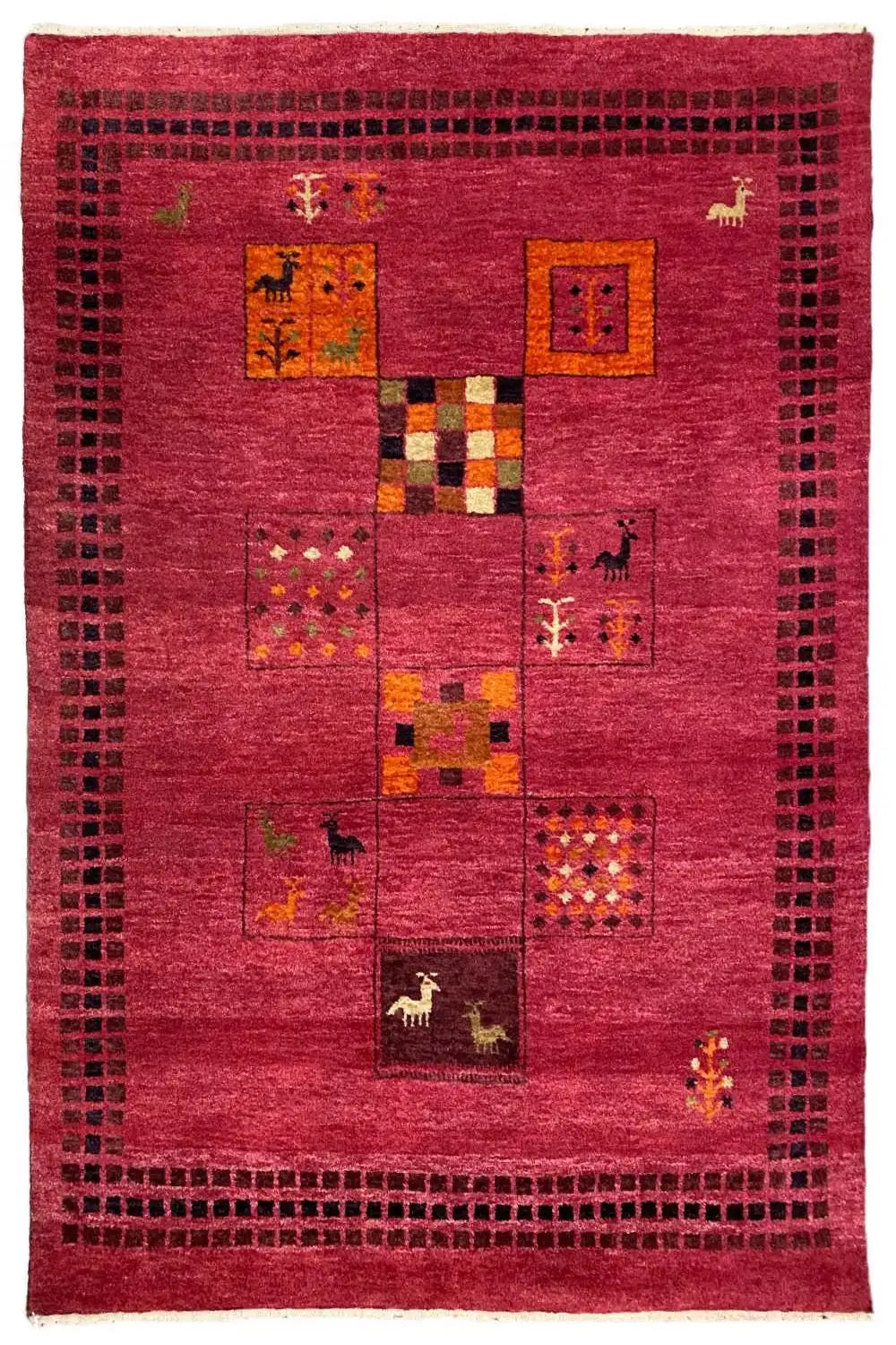 Red Gabbeh rug with a central patchwork motif and decorative border, 90x120 cm