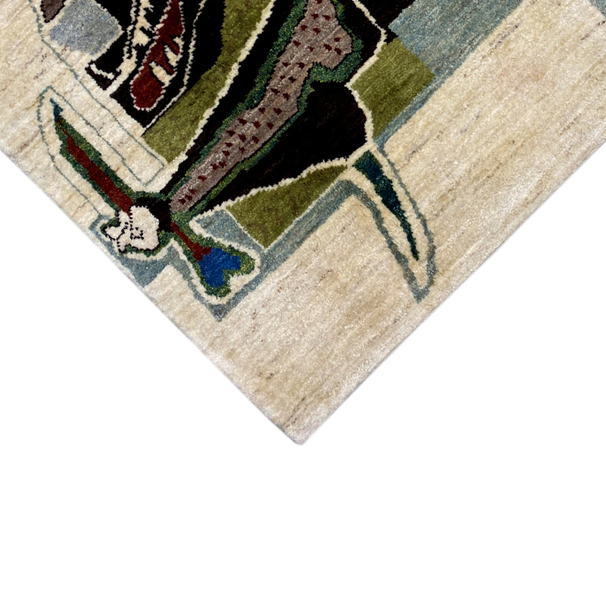 Gabbeh rug detail with a beige background and a figurative pattern in blue, green, and red