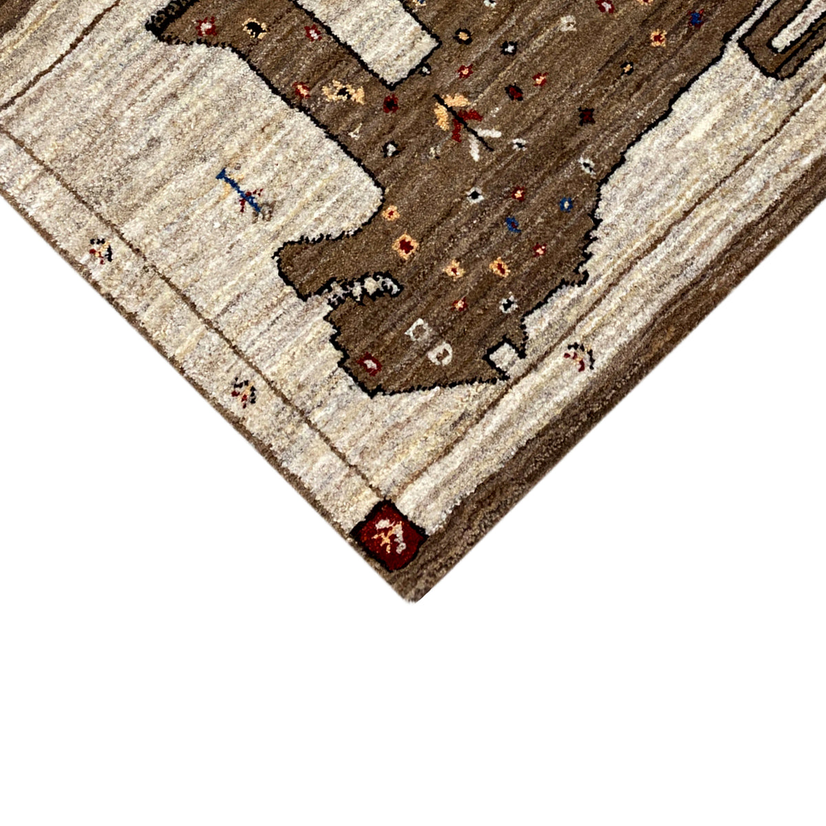 Gabbeh rug detail with lion motif, beige stripes, and dark border, rectangular