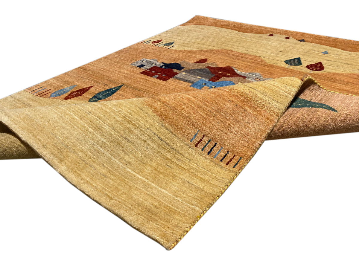 Gabbeh Luri rug with a folded-back corner, pattern and pile in light brown with blue/red