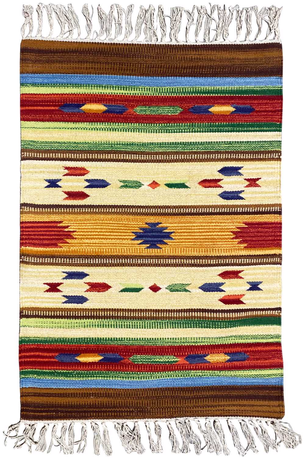Multicolored kilim rug with a dense pattern of stripes and ornaments, with fringes