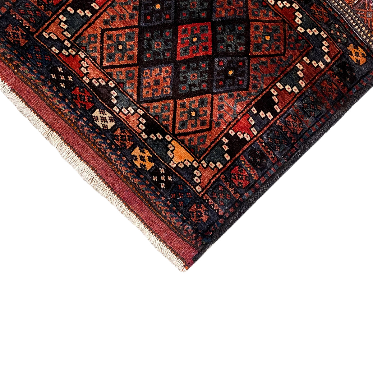 Hamedan Poshti rug lower edge with fringes, dark geometric pattern with red and beige lines