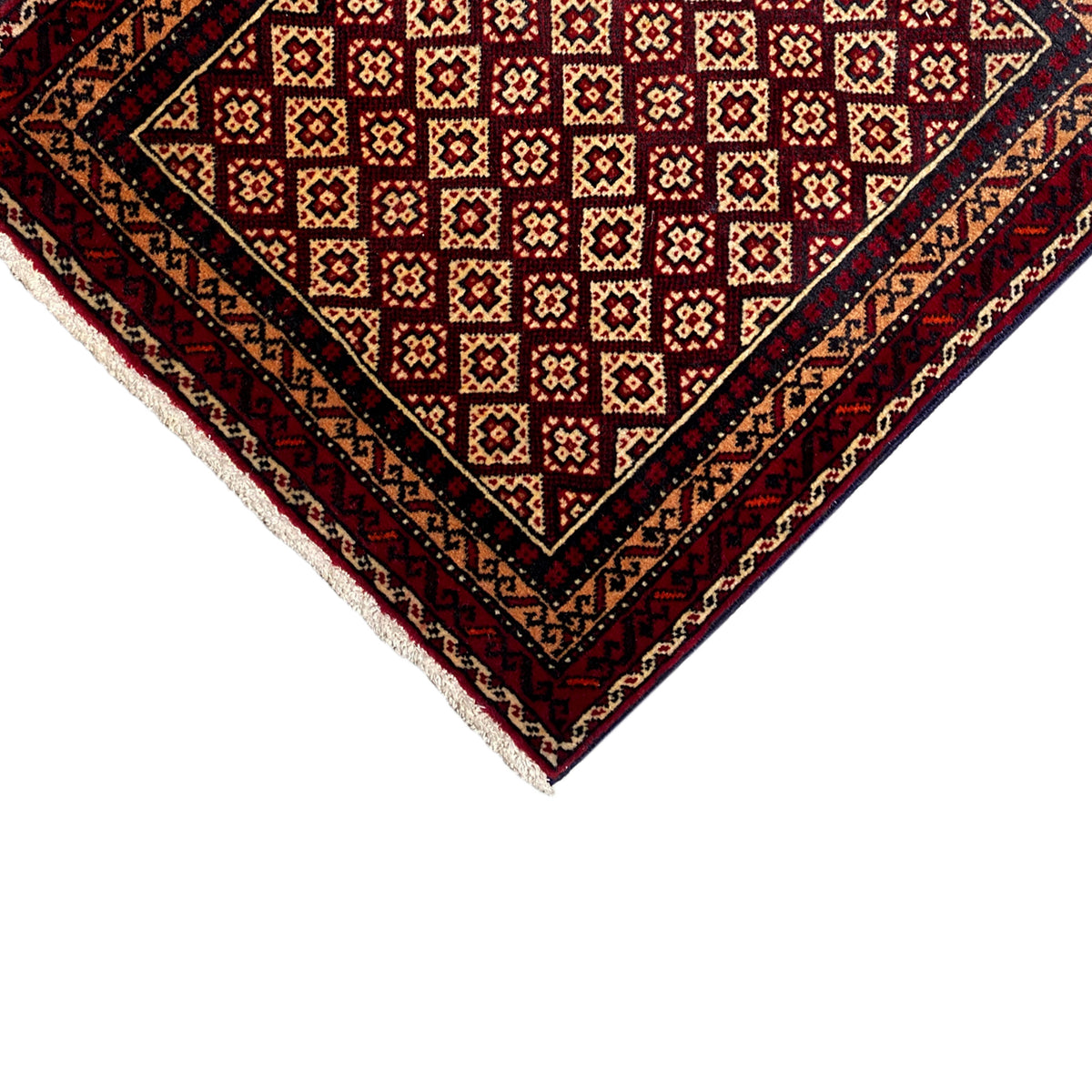 Rug 65x61 cm, angled, dense red square pattern with dark blue edging