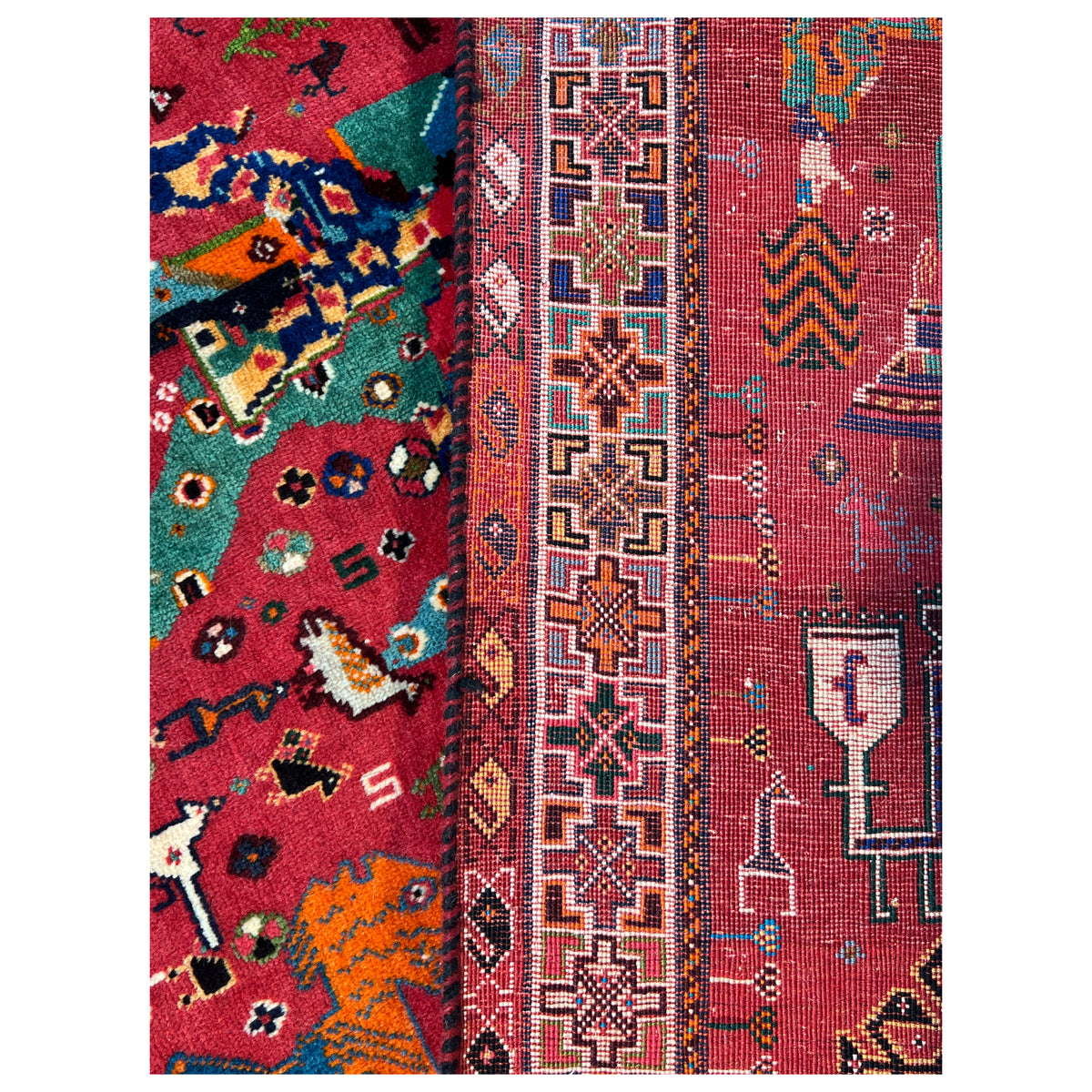 Qashqai rug border detail: red field with ornamental border and small figures