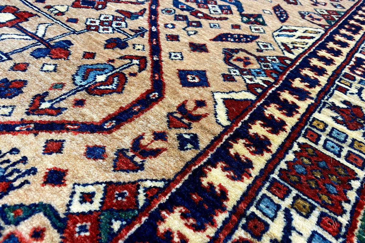 Area rug with a beige background, blue and red ornaments, and border lines