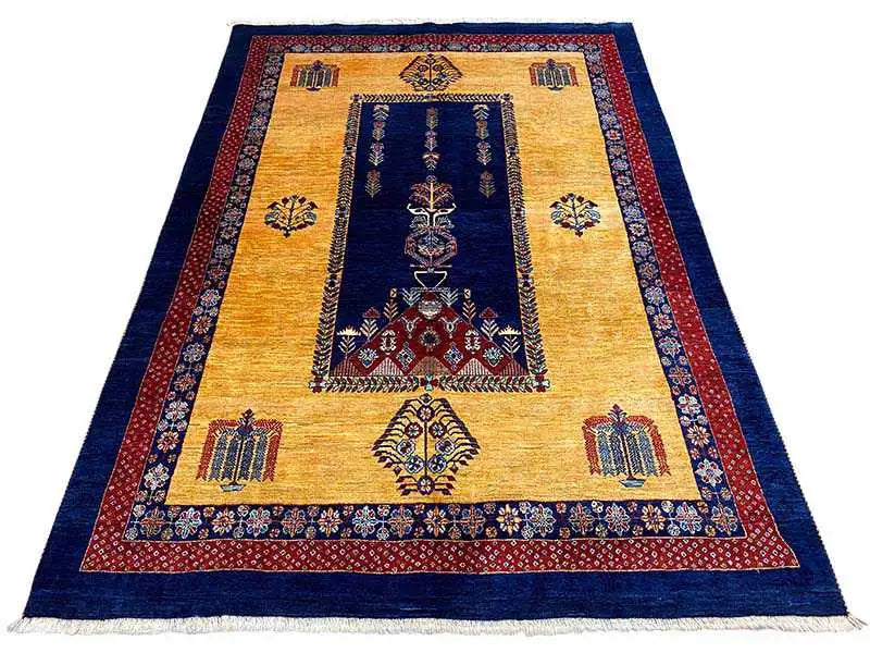 Exclusive Qashqai rug with a beige pattern, blue border, red decorative stripes, and fringes