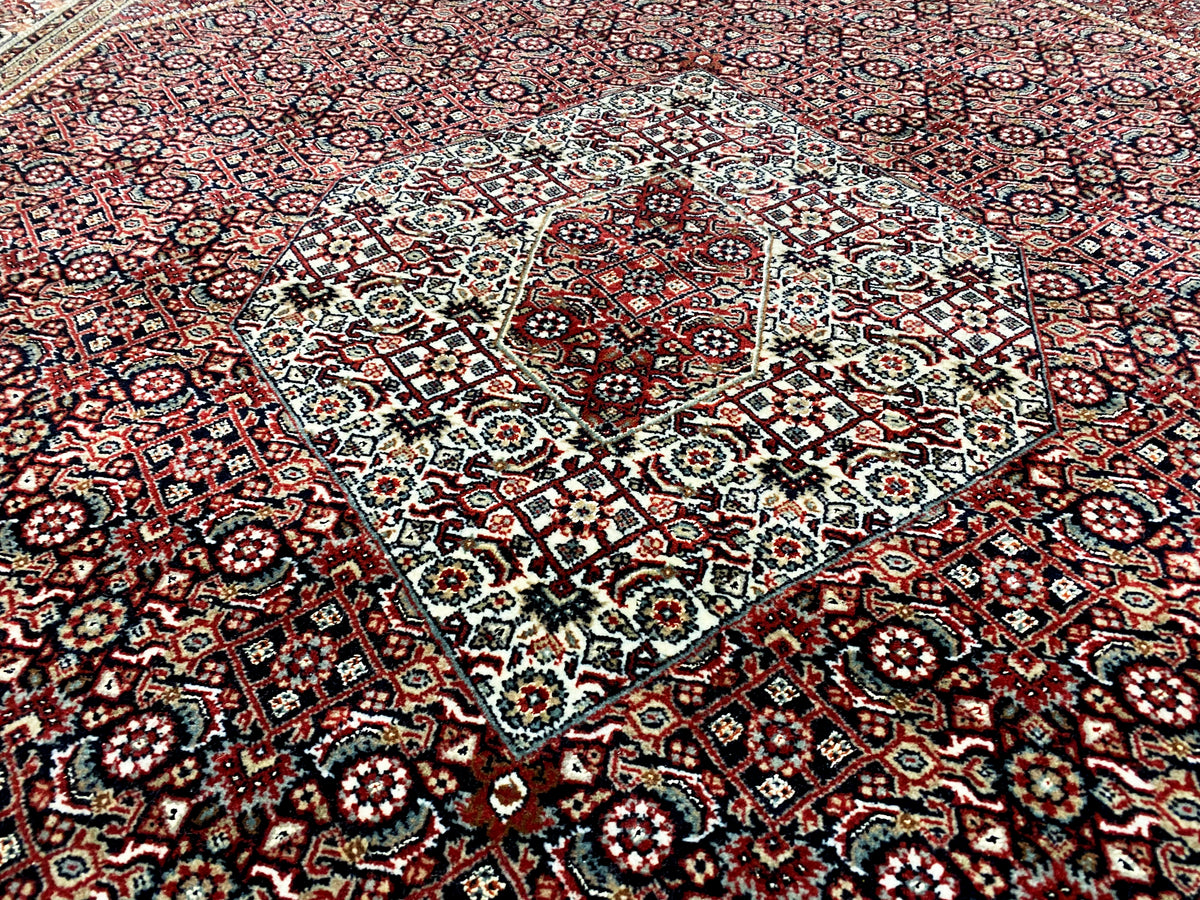 Bidjar rug pattern detail: central medallion with ornaments in red, cream and dark blue