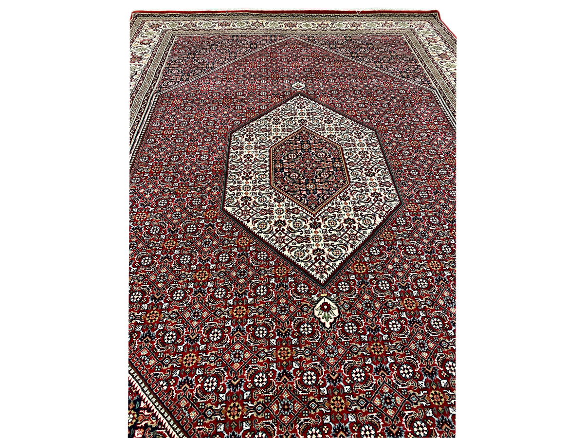 Bidjar carpet front view with a red ornamental field, a light medallion, and a wide border