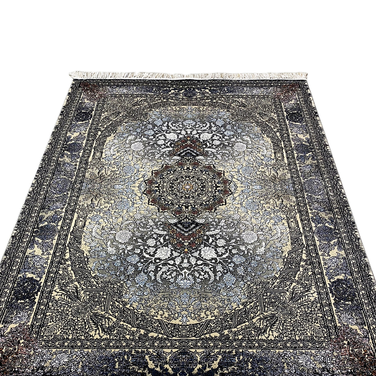 Madrid Persian rug 160x230 with decorative border, medallion pattern in dark blue-gray, fringes