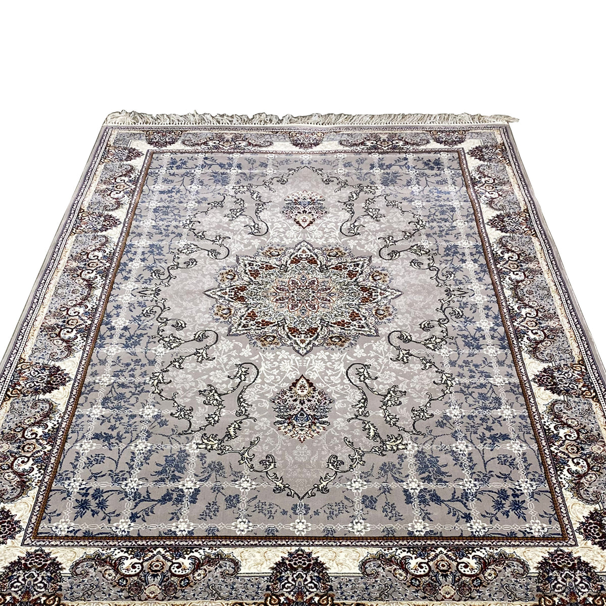 Square-looking rug with medallion, ornamental border, blue-gray, and fringes along the edge