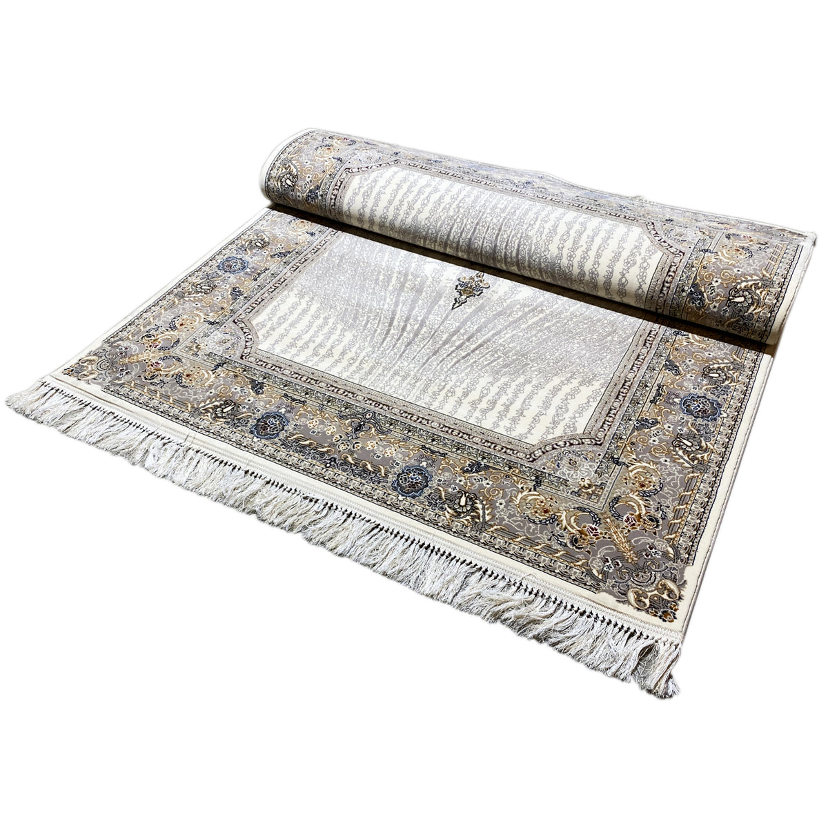 Elara rug 160x230 rolled and unrolled: cream, ornamental border, tassels