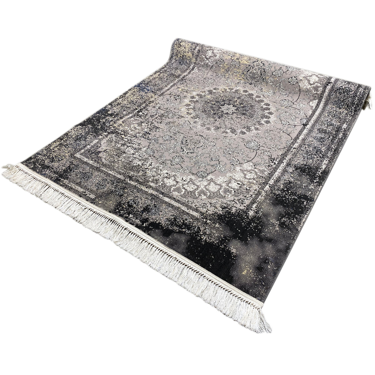 Rectangular vintage rug in gray with a central medallion, decorative border, and fringes