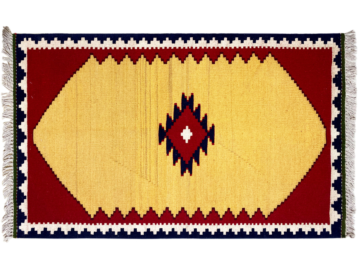 Kilim rug with a yellow central motif, red background and blue-and-white border