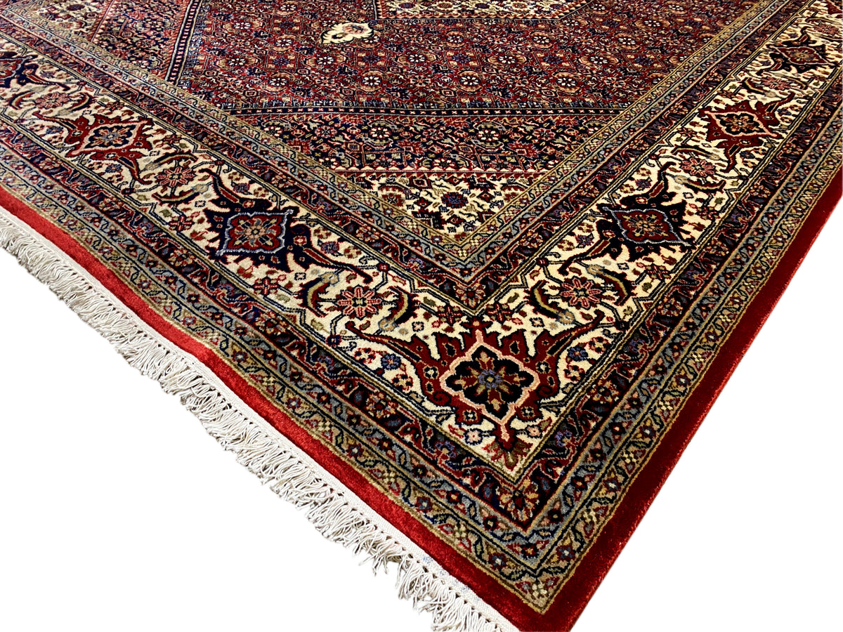 Bidjar rug corner with frieze trim, red border band, and Baroque pattern in the frame