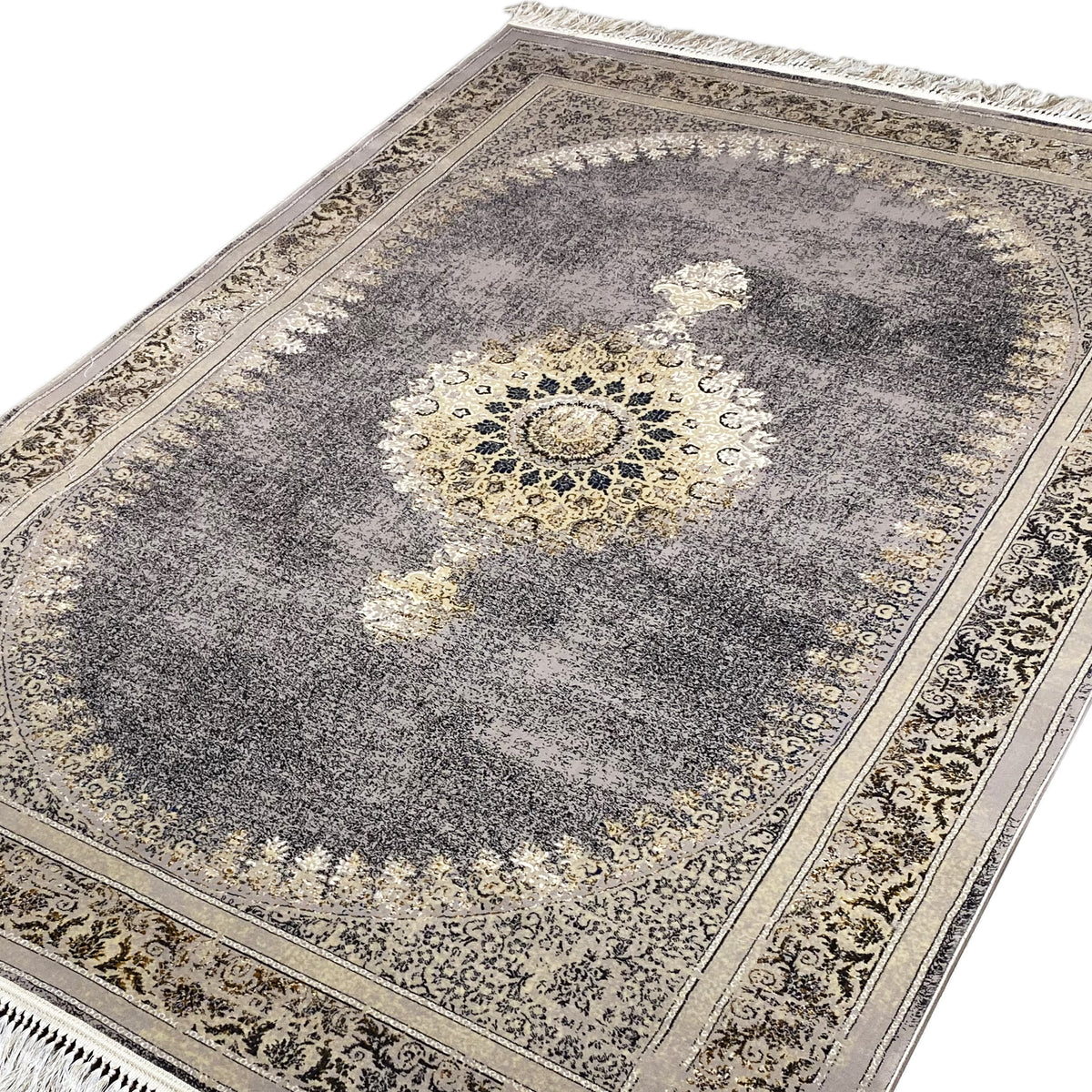 Medallion rug with a central ornament in light gold on dark gray and fringes