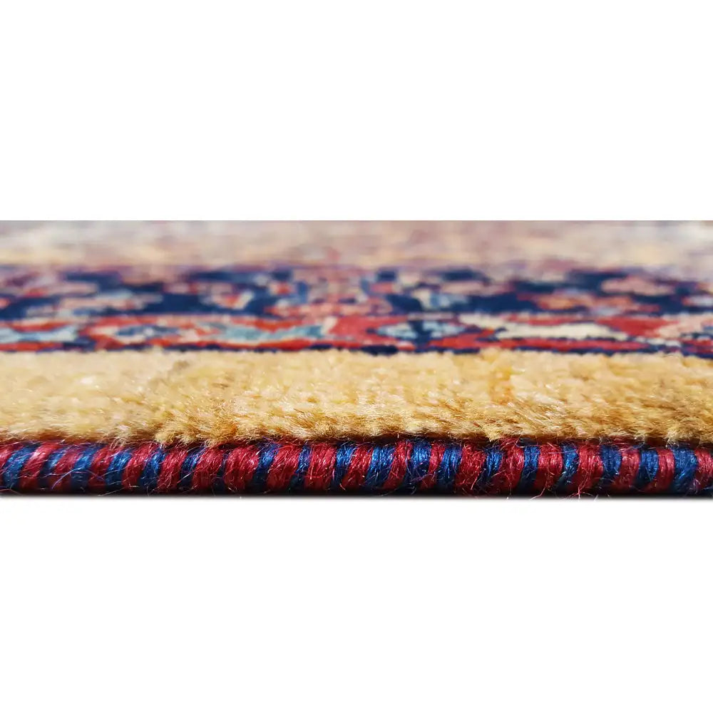 Runner rug detail at the edge with a multicolored border and dense pile