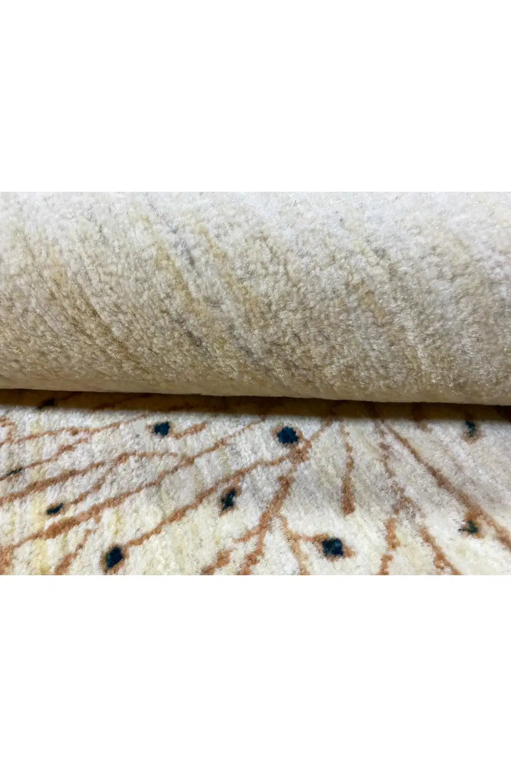 Gabbeh rug (157x86 cm) textile detail: tree design and pile in off-white with brown accents