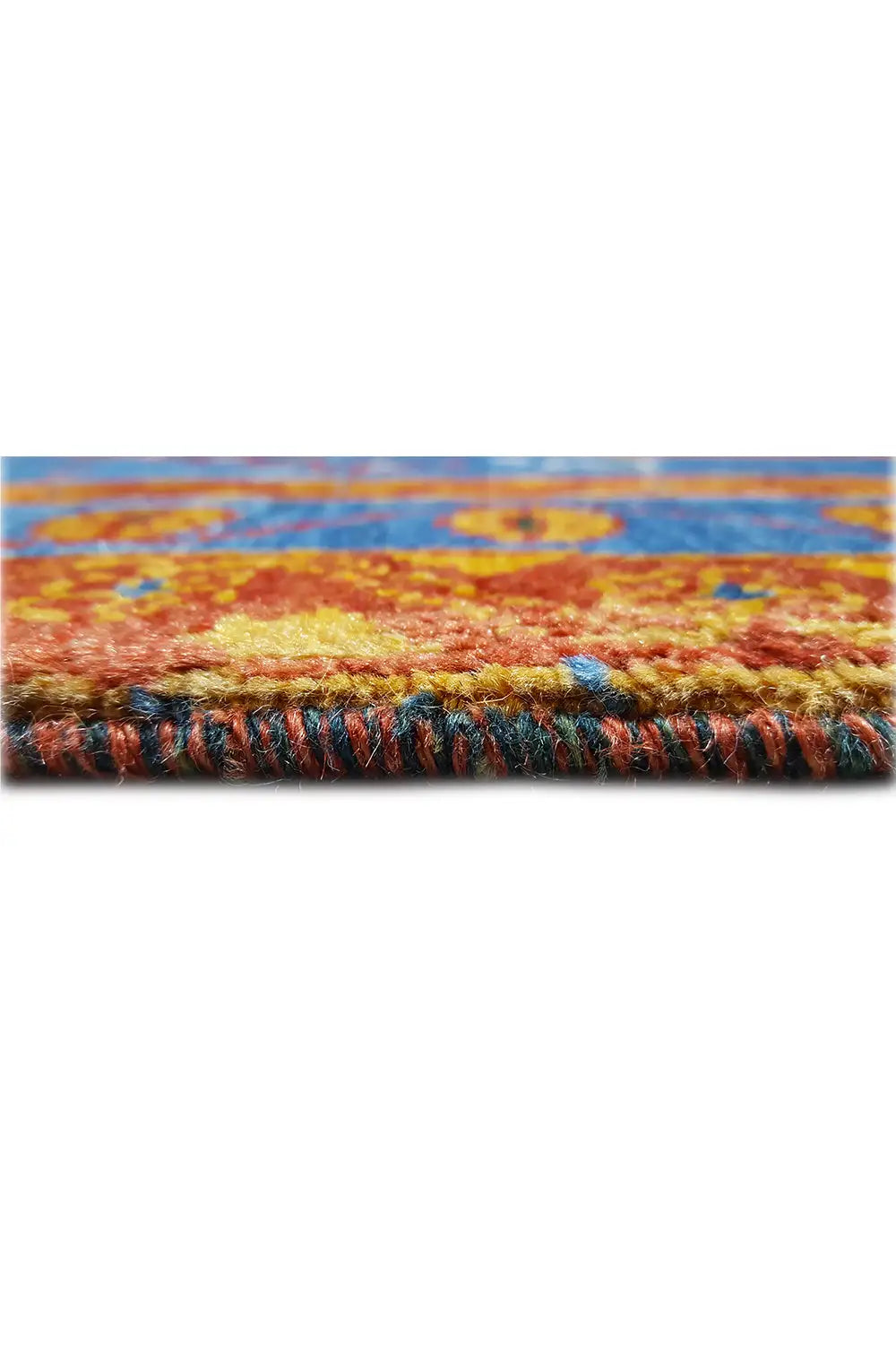 Gabbeh rug close-up of the edge: multicolored fringe and border pattern