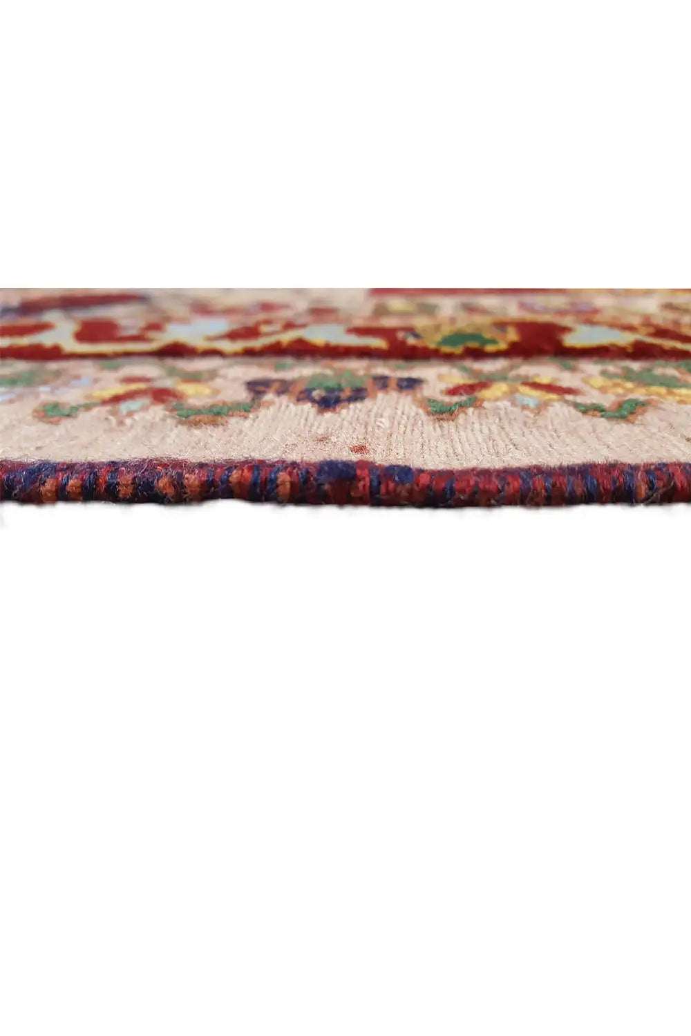 Rug edge with multicolored border and knotted fringe effect