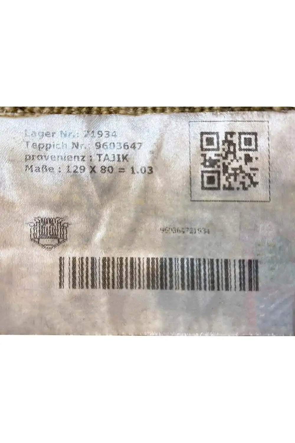 Gabbeh rug back with QR code, barcode, and manufacturer information