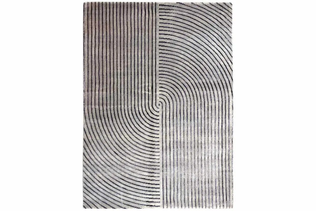 Carpet top: gray grid with dark blue, curved lines and a central gradient