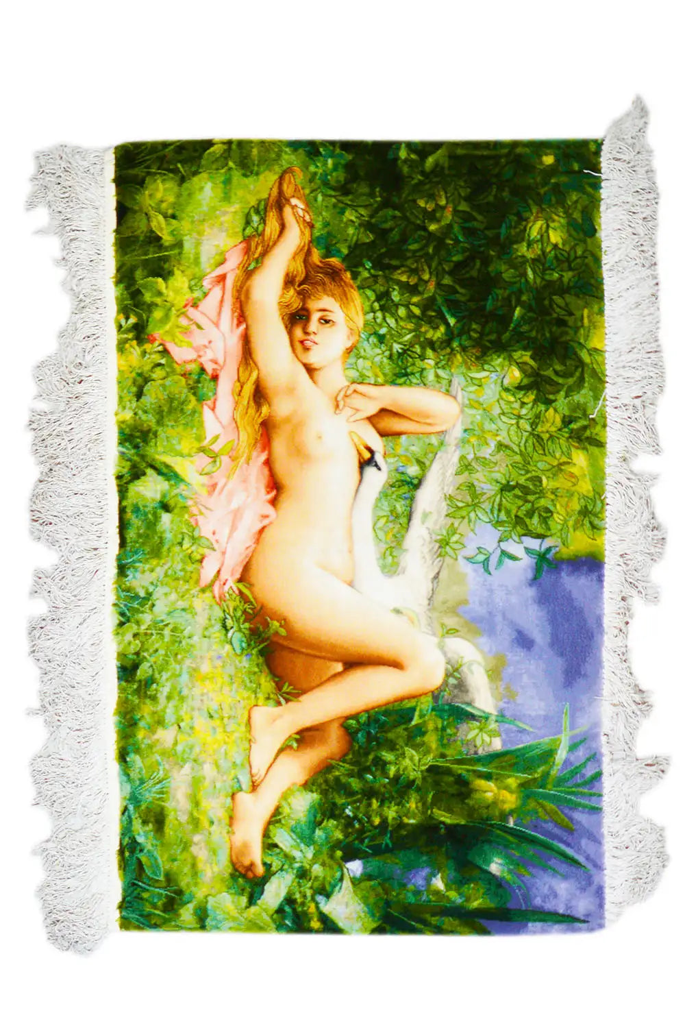 Tapestry with fringe, depicting a nude woman in greenery against a blue background, approx. 115×68 cm