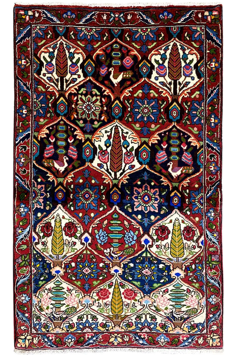 Rug 148x90 cm with an ornamental pattern, dark blue base, and wide red border.