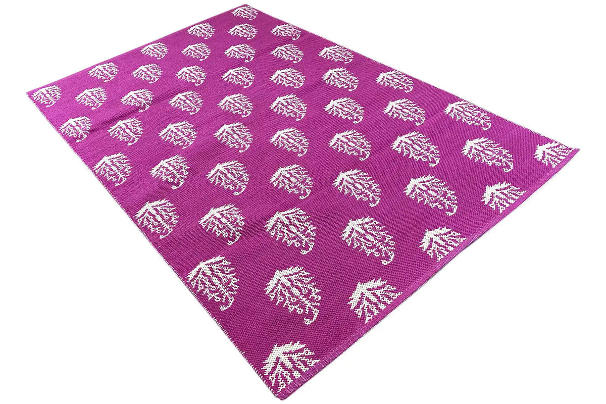 Modern square kilim with a purple background and white tree ornaments