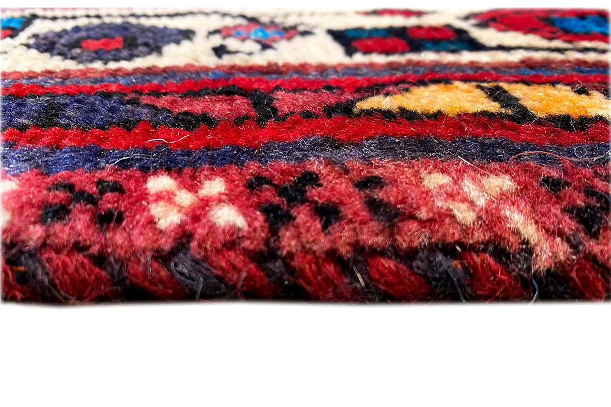 Sirjan rug close-up: dense pile with red and blue patterns along the edge