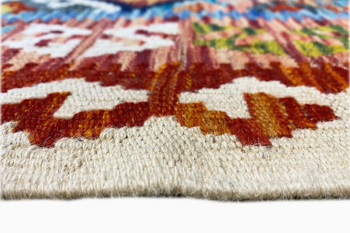 Kilim rug (Afghan) with fringes and patterned border, close-up