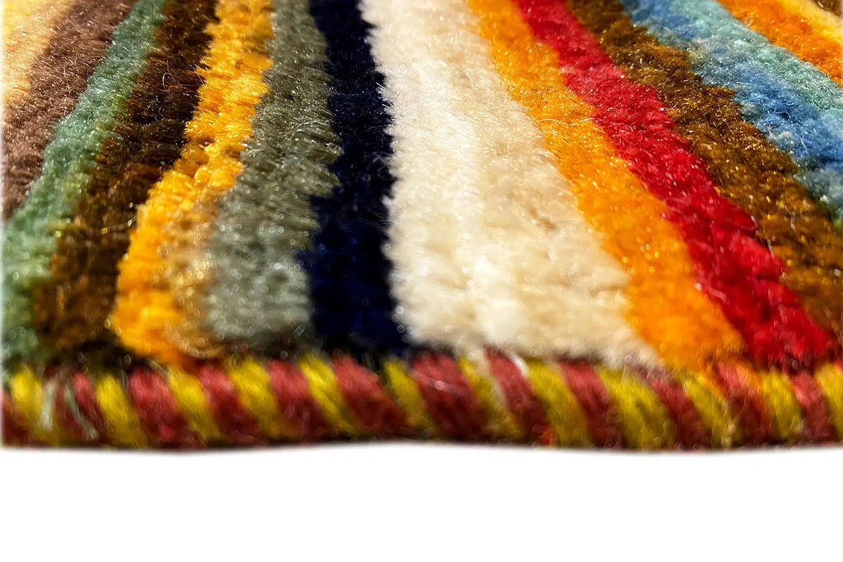 Gabbeh-Lori rug: close-up of colorful stripes, dense pile, fringes