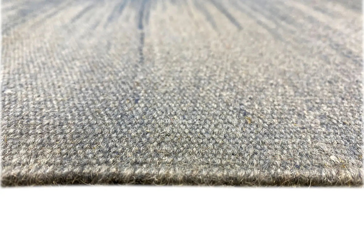 Kelim dhurrie rug with a gray, tightly woven surface and a border all around