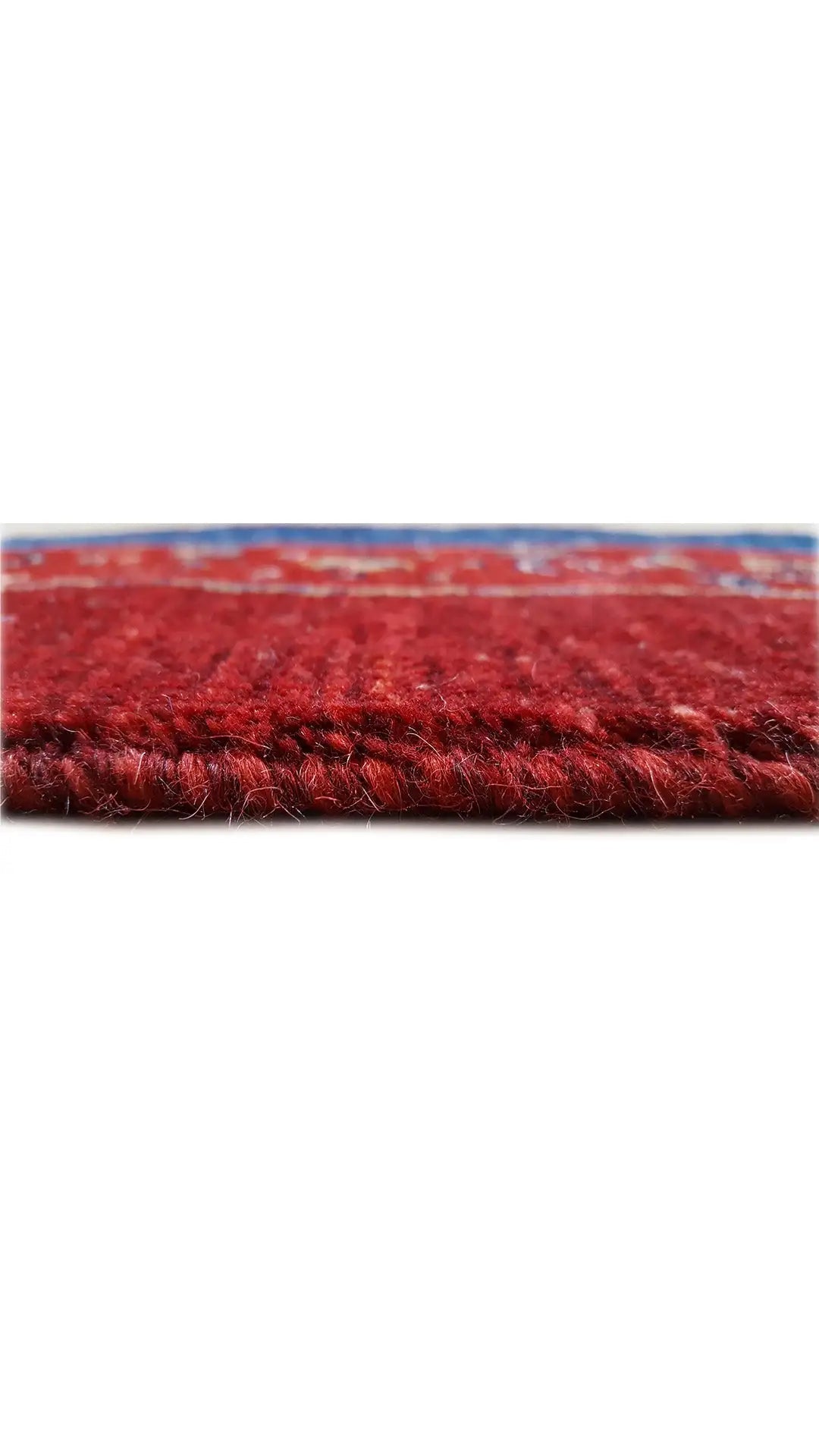 Oriental rug fringe in red, with a blue border along the hem