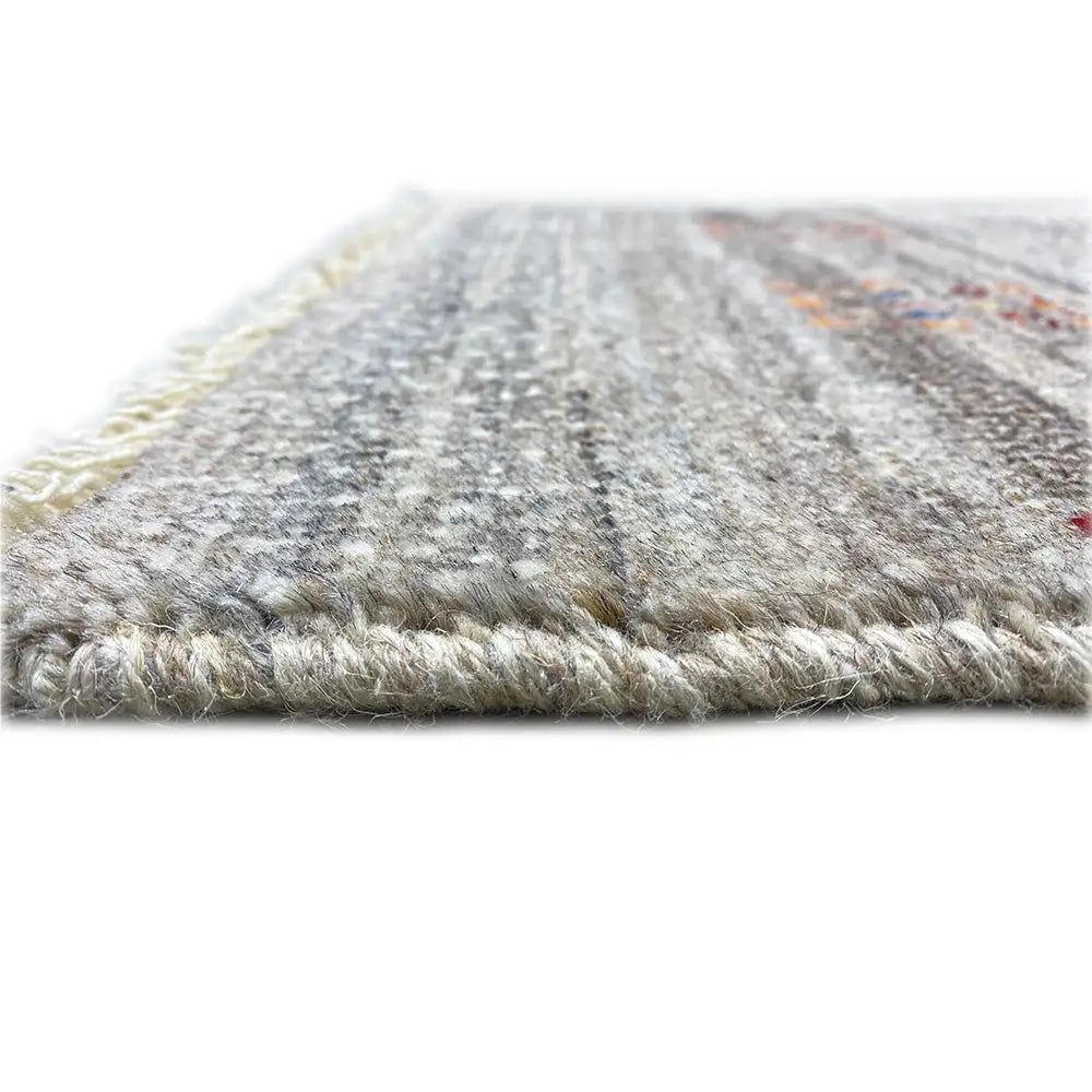 Gabbeh rug 57x41 cm, close-up of fringes and pile, mottled gray