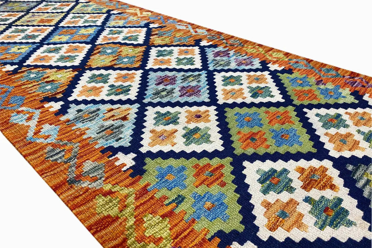 Kilim runner detail with colorful square and diamond patterns, multicolored woven texture